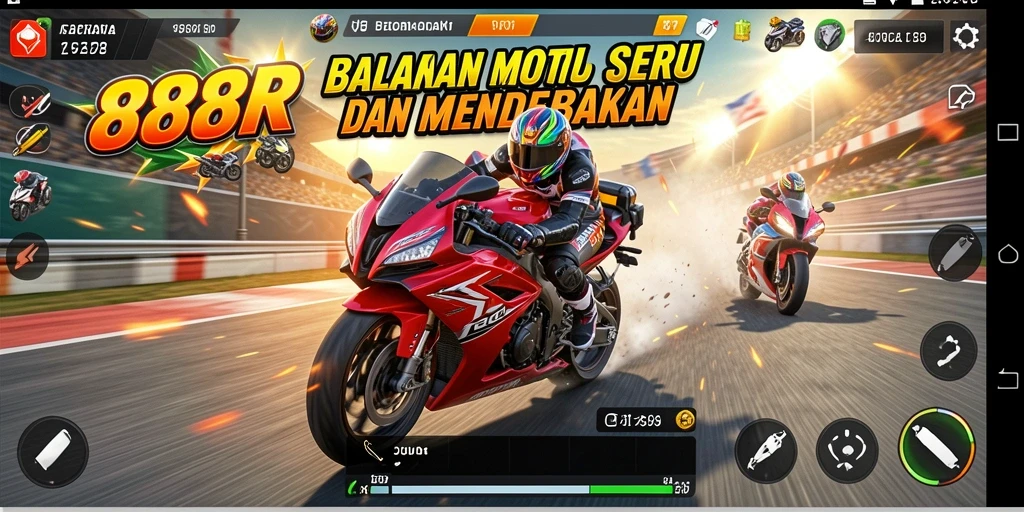 Tampilan gameplay 888R yang menampilkan balapan motor yang intens.