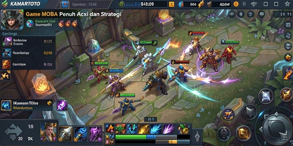 Screenshot KAMARTOTO menampilkan pertempuran seru di arena MOBA.