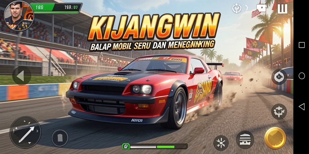 Screenshot gameplay KIJANGWIN menampilkan balapan mobil yang menegangkan.