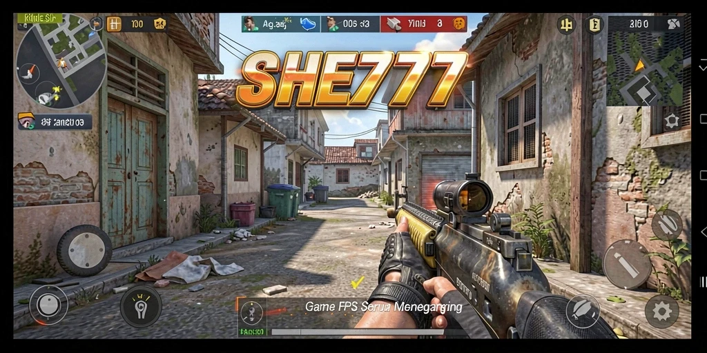 Tangkapan layar utama SHE777 yang menunjukkan aksi gameplay FPS yang mendebarkan.