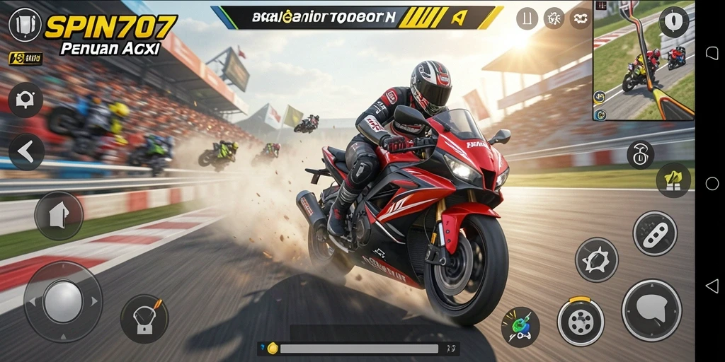 Screenshot utama SPIN707 menampilkan aksi balapan motor yang dinamis.